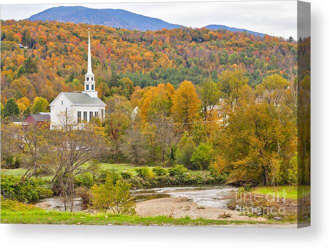 Stowe Canvas Print featuring the photograph Stowe Vermont community church and Little River by Ken Brown