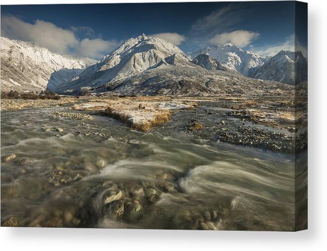 533795 Canvas Print featuring the photograph Stream Below Ben Ohau Range Mount Cook by Colin Monteath
