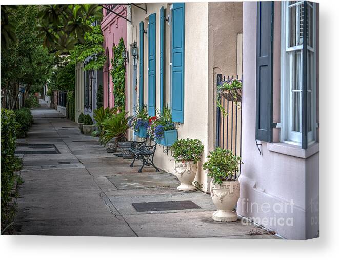 Rainbow Row Canvas Print featuring the photograph Strolling Down Rainbow Row by Dale Powell
