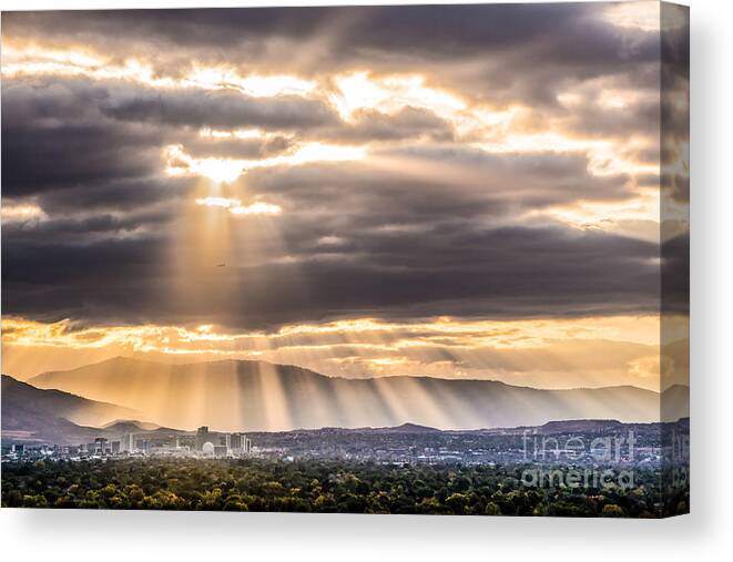 Reno Skyline Canvas Print featuring the photograph Sun Rays over Reno by Janis Knight