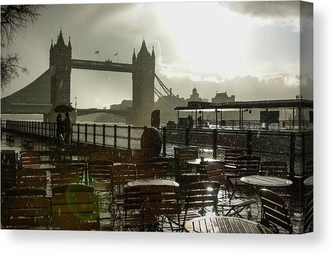London Canvas Print featuring the photograph Sunny Rainstorm in London England by Georgia Mizuleva