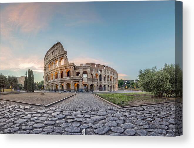 Arch Canvas Print featuring the photograph Sunrise at Colosseum, Rome, Italy by DieterMeyrl