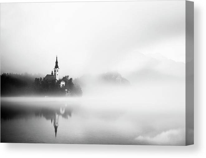 Lake Canvas Print featuring the photograph Sunrise At Lake Bled by Lubos Balazovic