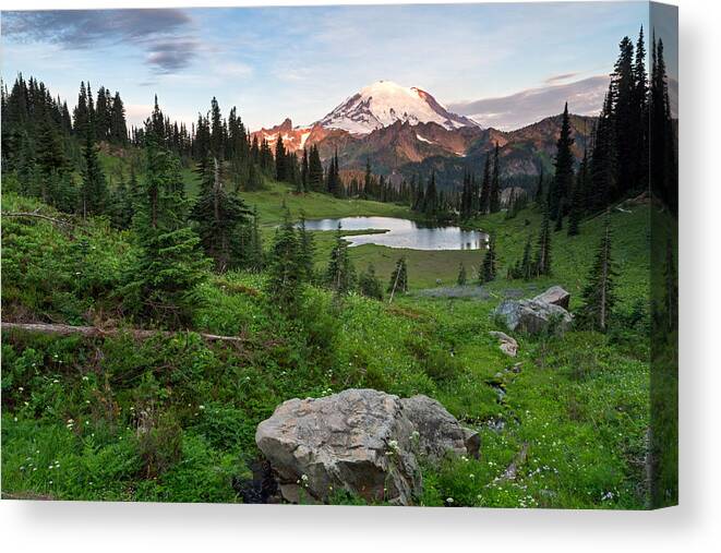 Abies Lasiocarpa Canvas Print featuring the photograph Sunrise at Mount Rainier and Upper Tipsoo Lake by Michael Russell