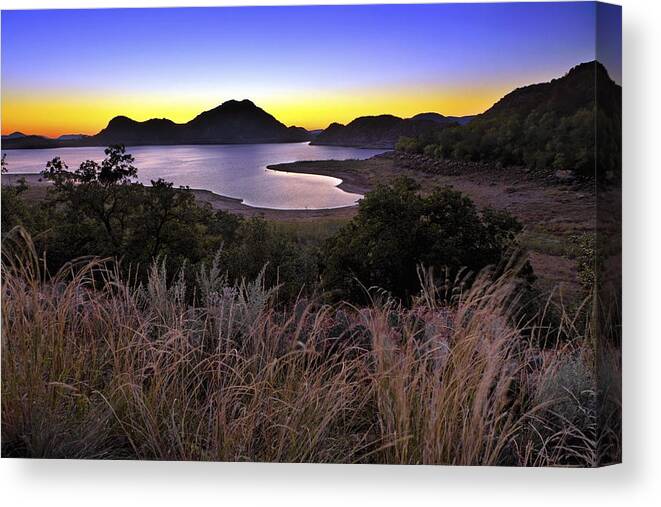 Quartz Mountains Canvas Print featuring the photograph Sunrise behind the Quartz Mountains - Oklahoma - Lake Altus by Jason Politte