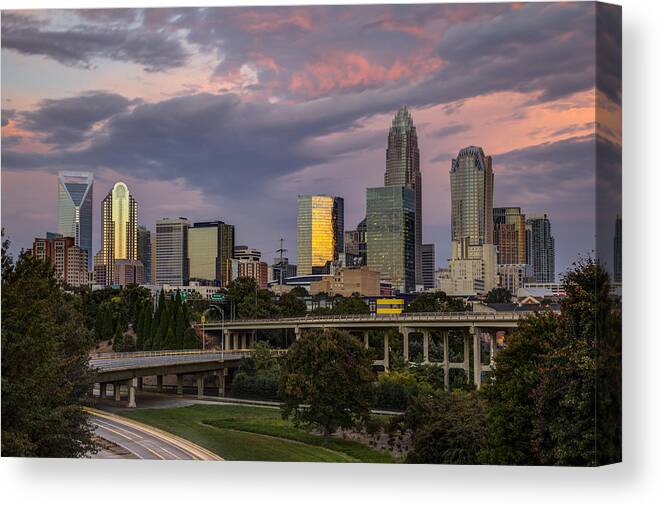 Charlotte Skyline Uptown Nc North Carolina Canvas Print featuring the photograph Sunrise Commute by Chris Austin