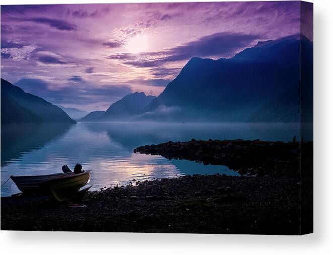 Tranquility Canvas Print featuring the photograph Sunrise Over The Gjende Lake by Audun Bakke Andersen
