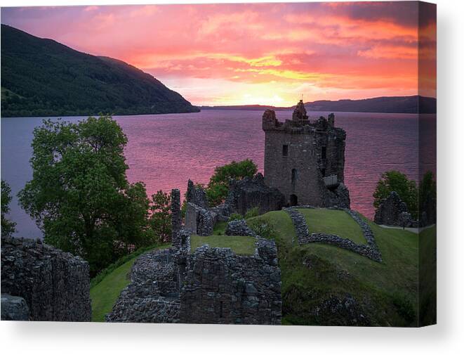 Loch Ness Canvas Print featuring the photograph Sunrise Over Urquhart Castle And Loch by Robert van Waarden