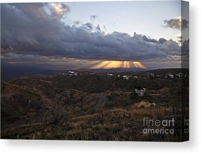 Sunrise Canvas Print featuring the photograph Suns rays after sunrise from Jerome Arizona by Ron Chilston
