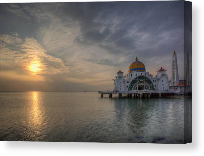 Masjid Selat Melaka Canvas Print featuring the photograph Sunset at Malacca Straits Mosque by David Gn