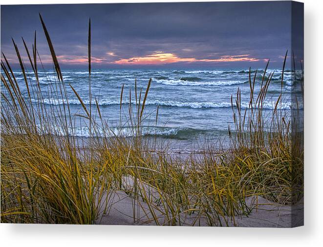 Art Canvas Print featuring the photograph Sunset on the Beach at Lake Michigan with Dune Grass by Randall Nyhof