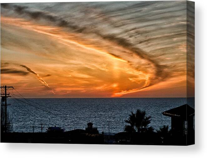 Sunset Sky Blue Orange Ocean Water California Beach Cloudy Evening Canvas Print featuring the photograph Sunset Blues by Cat Connor