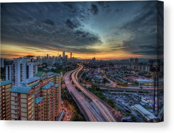 Built Structure Canvas Print featuring the photograph Sunset Cityscape L Kuala Lumpur by Rithauddin Photographer