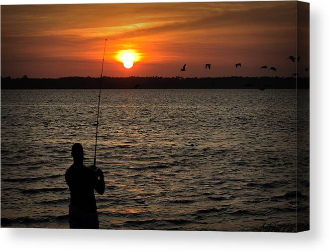 Cape Fear River Sunset Greeting Cards Canvas Print featuring the photograph Sunset Fisherman by Phil Mancuso