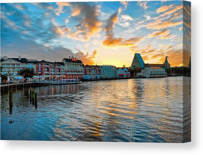 Disney Canvas Print featuring the photograph Sunset Over the Dolphin by Jenny Hudson