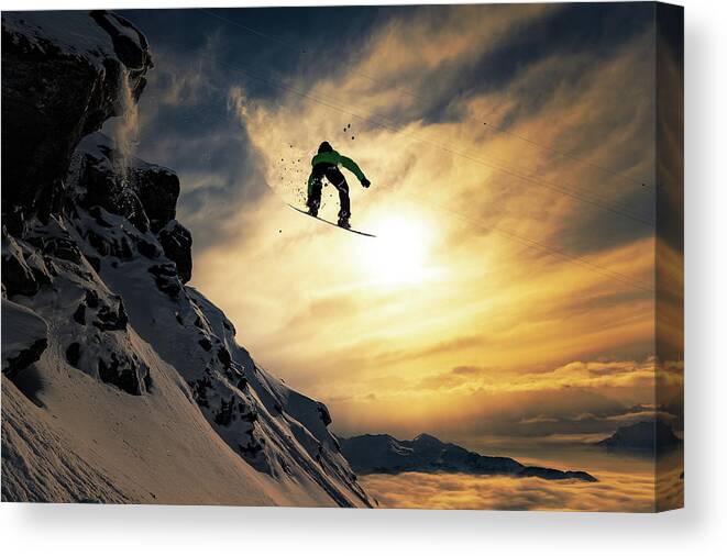 Snowboard Canvas Print featuring the photograph Sunset Snowboarding by Jakob Sanne
