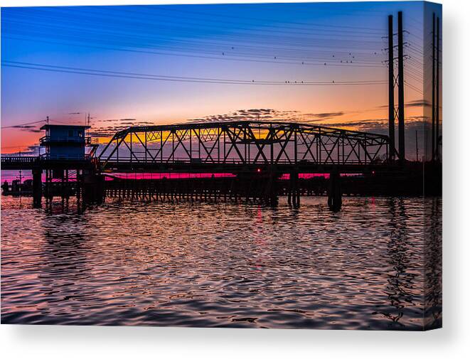 Surf City Swing Bridge Canvas Print featuring the photograph Surf City Swing Bridge by Karen Wiles