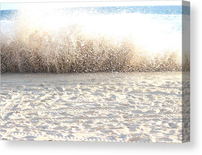 Surf Sand Splash Canvas Print featuring the photograph Surf Sand Collide by Michael Kim