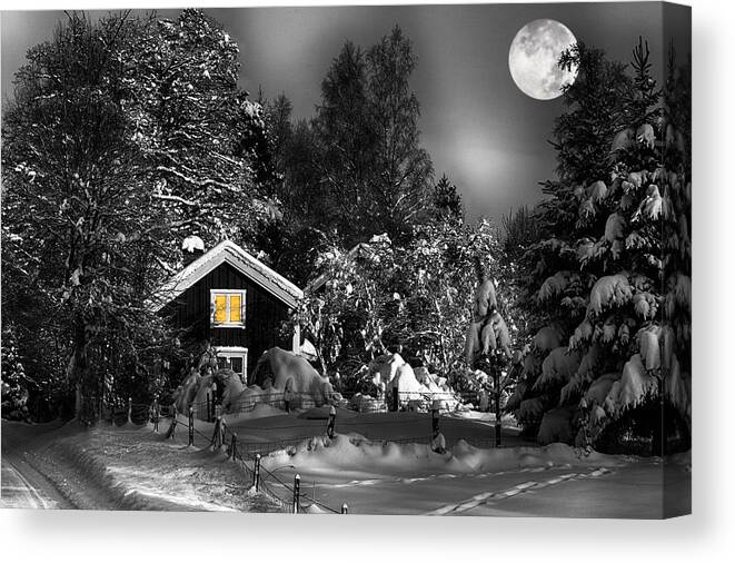 Surreal Canvas Print featuring the photograph Surreal Winter Landscape With Moonlight by Christian Lagereek