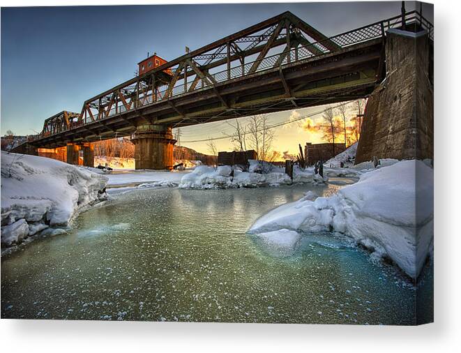Architecture Canvas Print featuring the photograph Swing Bridge Frozen River by Jakub Sisak