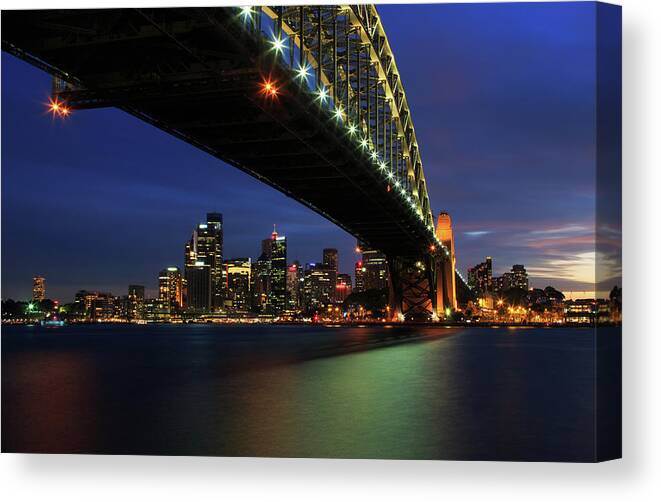 Standing Water Canvas Print featuring the photograph Sydney Harbour Bridge Twilight by Steve Daggar Photography