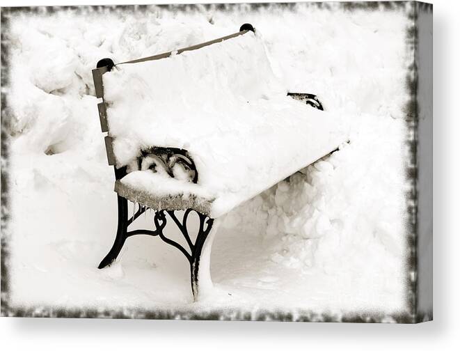 Park Bench In Snow Canvas Print featuring the photograph Take A Seat And Chill Out - Park Bench - Winter - Snow Storm BW by Andee Design
