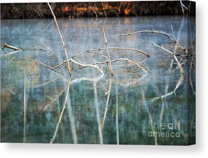 Abstract Patterns Of Branches And Reflection In The Morning Mist. Canvas Print featuring the photograph Tangled by Li Newton