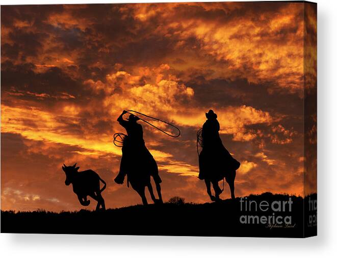 Cowboy Canvas Print featuring the photograph Team Roping at Sunset by Stephanie Laird