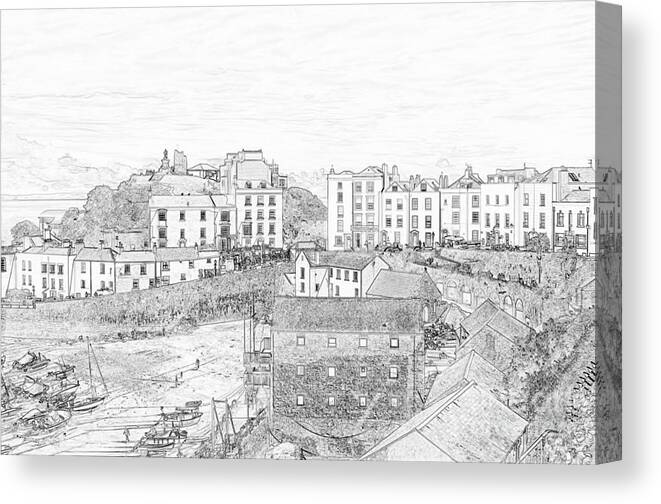 Tenby Canvas Print featuring the photograph Tenby Harbour Pencil Sketch 5 by Steve Purnell