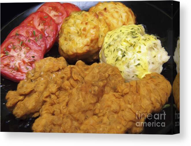 Tenderloin Canvas Print featuring the photograph Tenderloin Mashed Potatoes Tomatoes And Biscuits by Andee Design