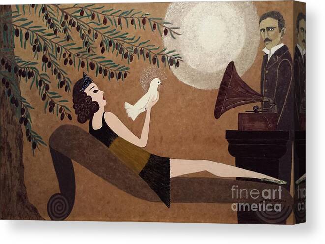 Tesla Canvas Print featuring the painting Tesla and White Dove by Jasna Gopic
