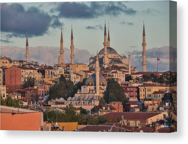 Istanbul Canvas Print featuring the photograph The Blue Mosque At Sunset by Salvator Barki
