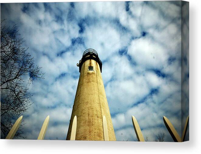 Lighthouse Canvas Print featuring the photograph The Fenwick Light and a Mackerel Sky by Bill Swartwout