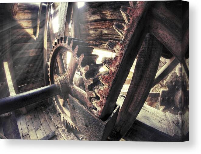 Falling Spring Mill Canvas Print featuring the photograph The Gears of Falling Spring Mill - Missouri - Steampunk by Jason Politte