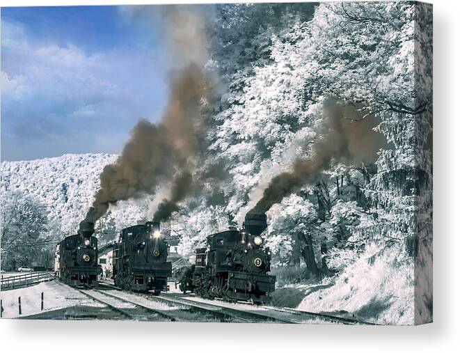 Cass Scenic Railroad Canvas Print featuring the photograph The Great Train Race by Mary Almond