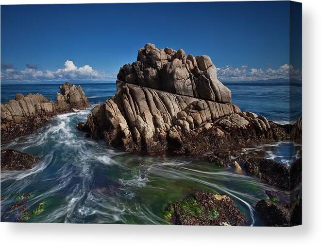 pacific Grove Monterey Bay Rocks Coast Ocean Surf Sky California Clouds Foam Canvas Print featuring the photograph The Guardian by Vince Stamey by California Coastal Commission