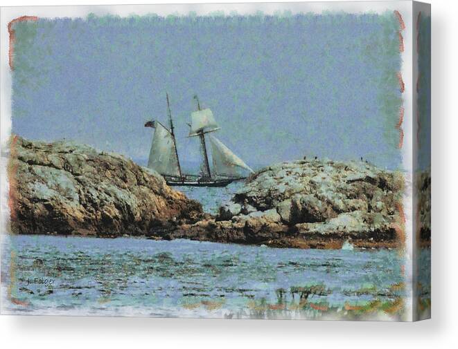 1812 Baltimore Clipper Schooner Canvas Print featuring the photograph The Lynx seen past the dangerous rocks off Marblehead MA. by Jeff Folger