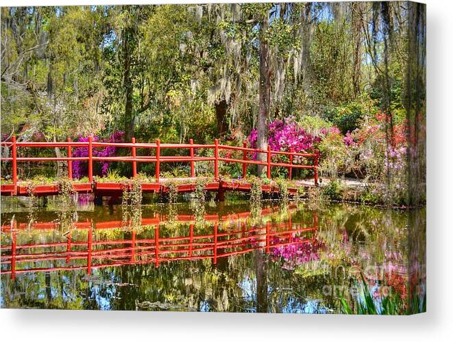 Scenic Canvas Print featuring the photograph The Red Bridge At Magnolia Plantation by Kathy Baccari