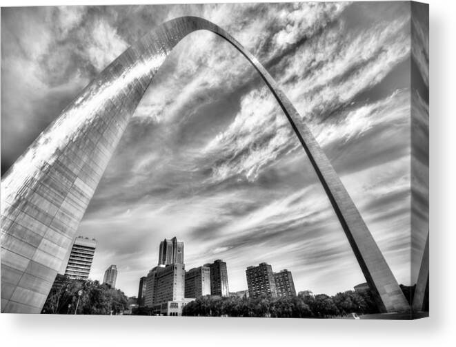 Saint Louis Canvas Print featuring the photograph The Saint Louis Arch and City Skyline in Black and White by Gregory Ballos