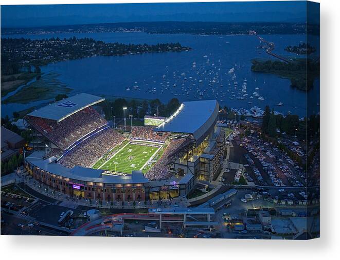 Husky Stadium Canvas Print featuring the photograph Husky Stadium and the Lake by Max Waugh