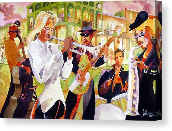 Watercolor Canvas Print featuring the painting The Street Performers by Mick Williams