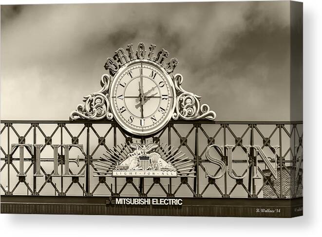 2d Canvas Print featuring the photograph The Sun Orioles Clock - Sepia by Brian Wallace