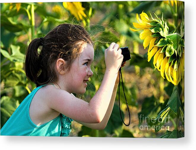 Young Girl In Sunflowers Canvas Print featuring the photograph The Sunny Side by Jim Garrison