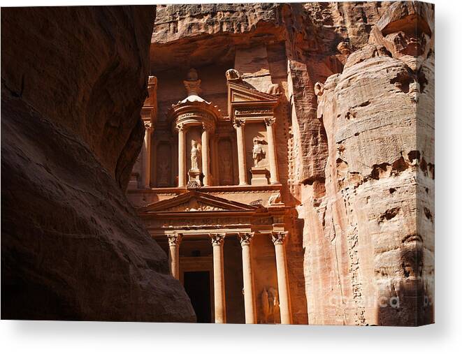 Petra Canvas Print featuring the photograph The Treasury seen from from the Siq Petra Jordan by Robert Preston