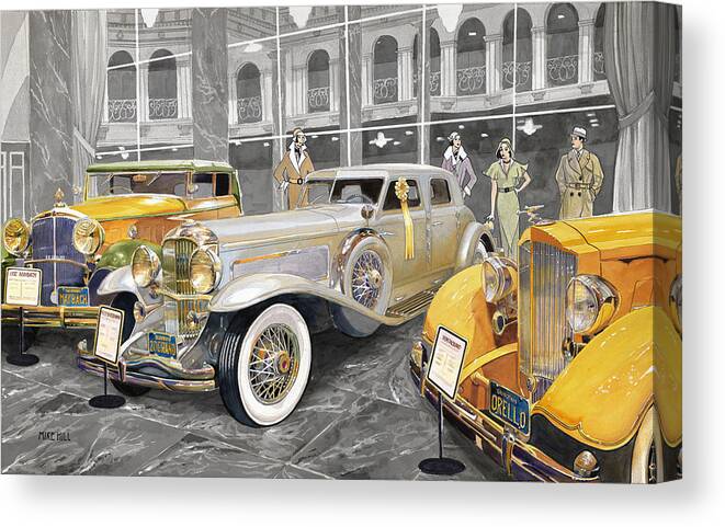 Duesenberg Packard Maybach Zeppelin Twenty Grand Automobile Classic Autos Auto Car Cars Collector Sylmar California Nethercutt Museum Deco Depression Thirties 1930 1931 1932 1933 1934 Orello Yellow Mirrors Marble Ribbon Canvas Print featuring the painting The Yellow Ribbon by Mike Hill