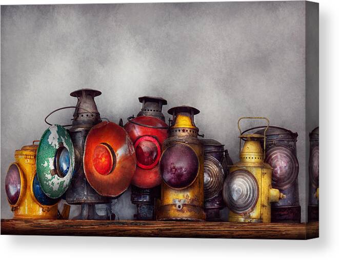 Lantern Canvas Print featuring the photograph Train - A collection of Rail Road lanterns by Mike Savad