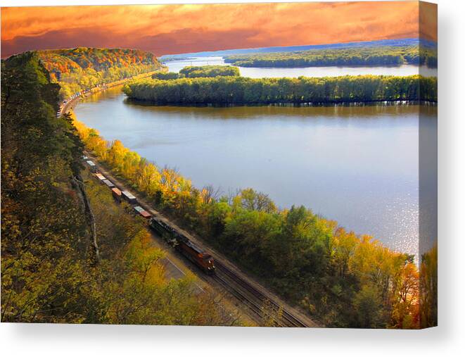 Train Canvas Print featuring the photograph Train Mississippi River Sunset by Randall Branham
