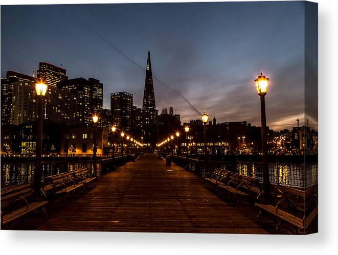 John Daly Canvas Print featuring the photograph Transamerica Pyramid Pier Night by John Daly