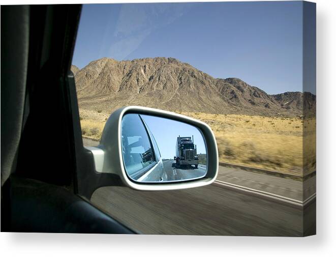 Blind Spot Canvas Print featuring the photograph Truck In A Rearview Mirror by Mark Harmel