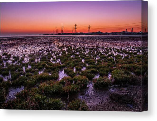 Tranquility Canvas Print featuring the photograph Twilight Over The Power Plant Viewed by Sungjin Kim